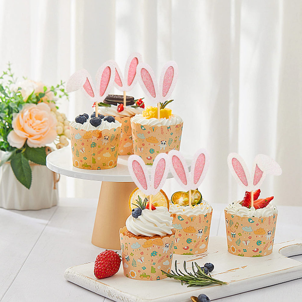 Ercadio 24 Pack Easter Bunny Ear Cupcake Toppers – Glitter Pink Rabbit Ears