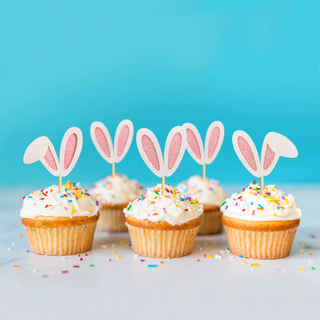Ercadio 24 Pack Easter Bunny Ear Cupcake Toppers – Glitter Pink Rabbit Ears