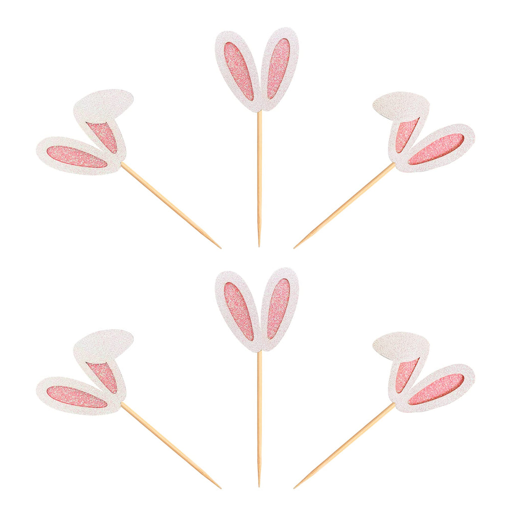 Ercadio 24 Pack Easter Bunny Ear Cupcake Toppers – Glitter Pink Rabbit Ears