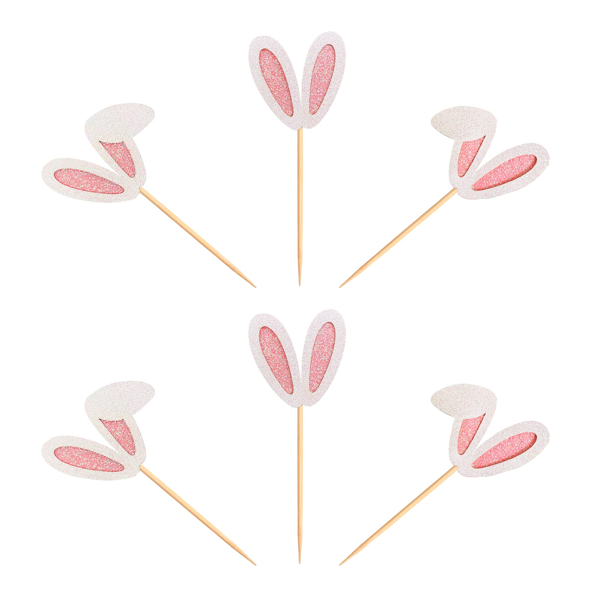 Ercadio 24 Pack Easter Bunny Ear Cupcake Toppers – Glitter Pink Rabbit Ears