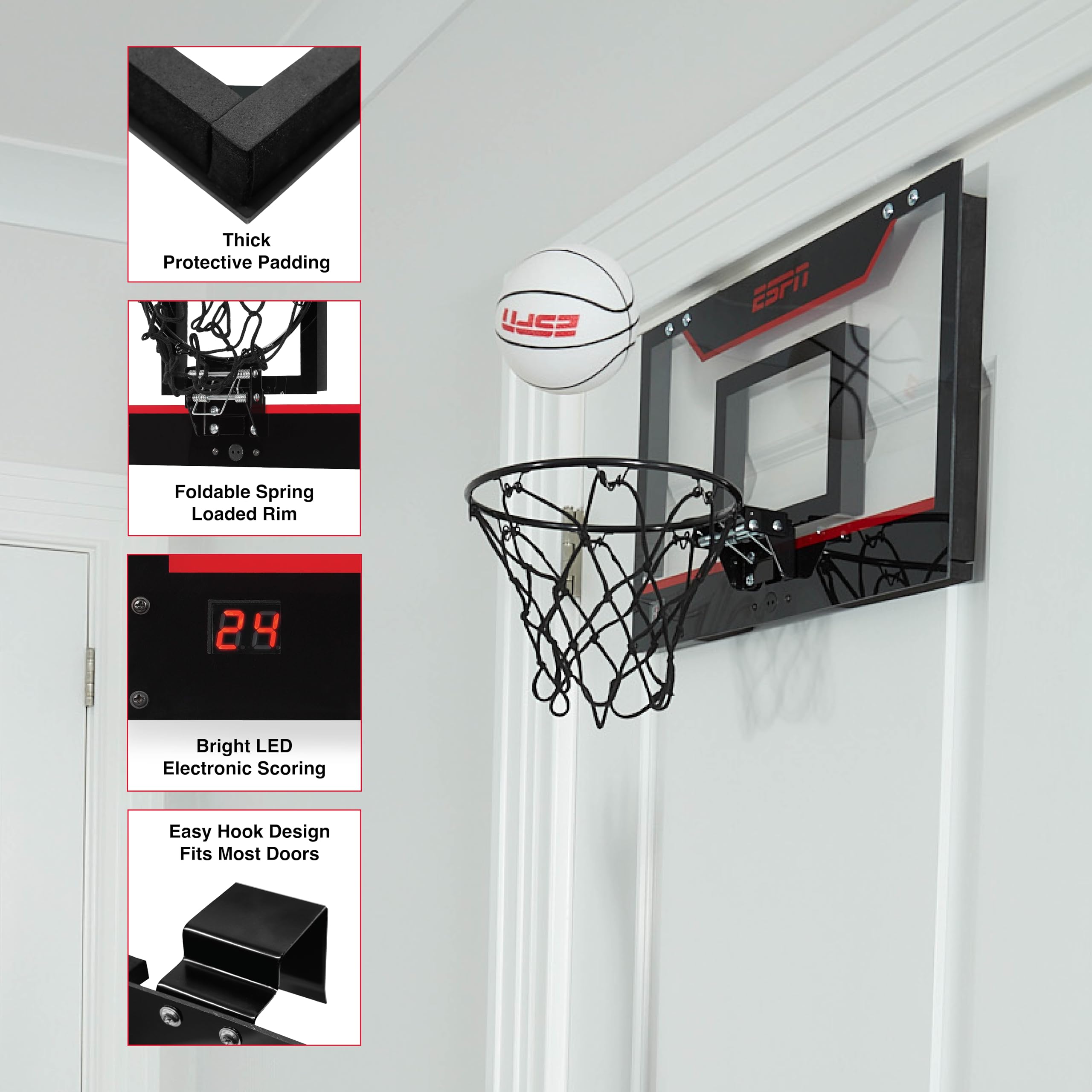 ESPN Mini Basketball Hoop – Over-The-Door with Foldable Rim & Scoreboard