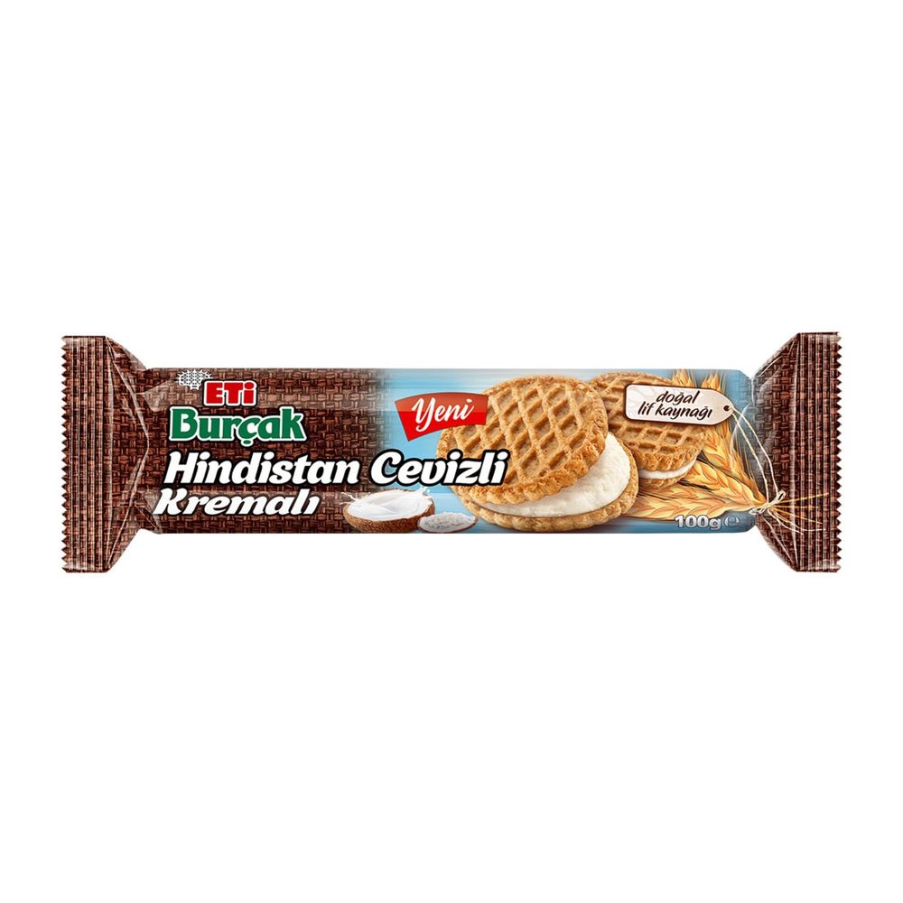 Eti Burçak Coconut Cream Whole Wheat Biscuits (Hindistan Cevizli Kremalı), 100g Pack