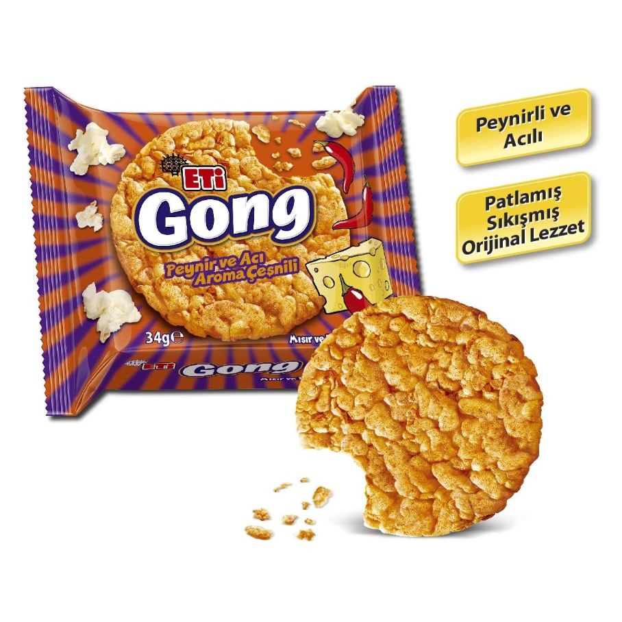 Eti Gong Cheese and Spicy Flavoured Corn and Rice Cake, 34g Snack Pack
