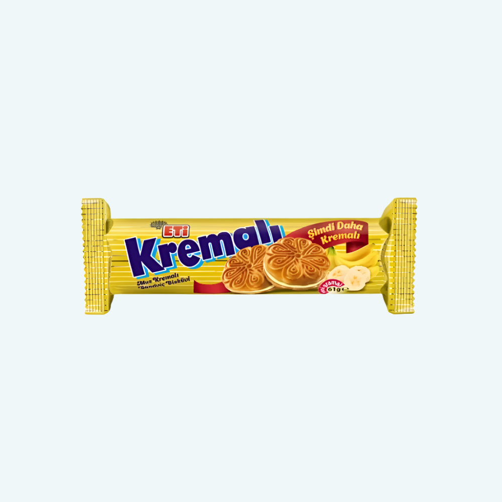 Eti Kremalı Banana Flavor Sandwich Biscuits (Muz Kremalı Sandviç Bisküvi), 61g Pack