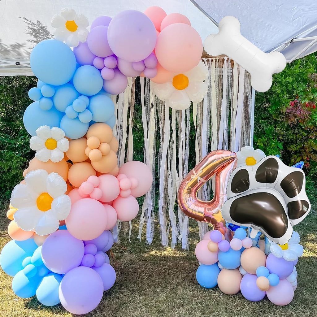 EUMIRO Blue Balloons Arch Kit 140pcs – Pastel Blue Pink Purple with Daisy Bone Paw Foil Balloons