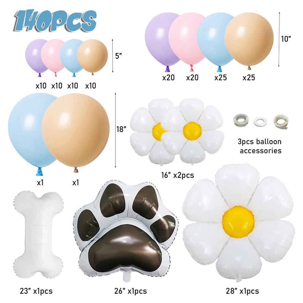 EUMIRO Blue Balloons Arch Kit 140pcs – Pastel Blue Pink Purple with Daisy Bone Paw Foil Balloons