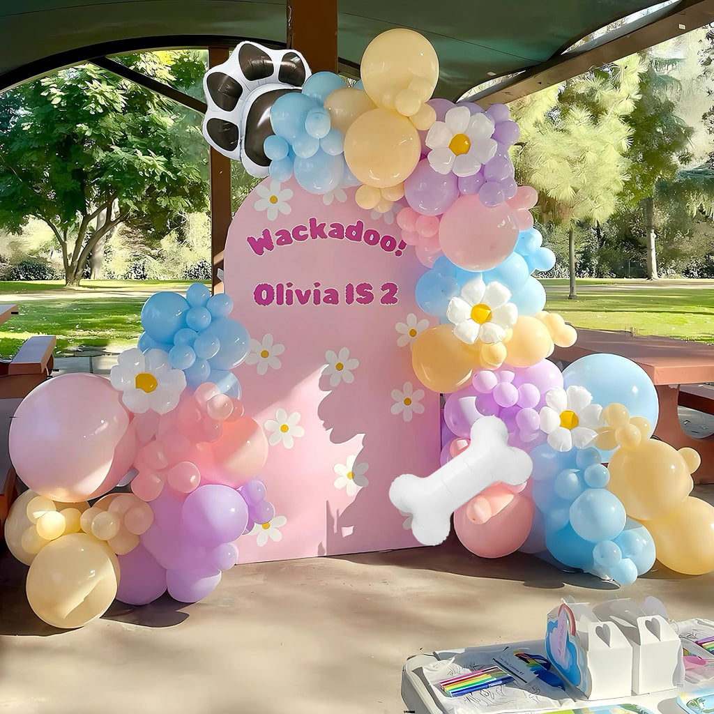 EUMIRO Blue Balloons Arch Kit 140pcs – Pastel Blue Pink Purple with Daisy Bone Paw Foil Balloons
