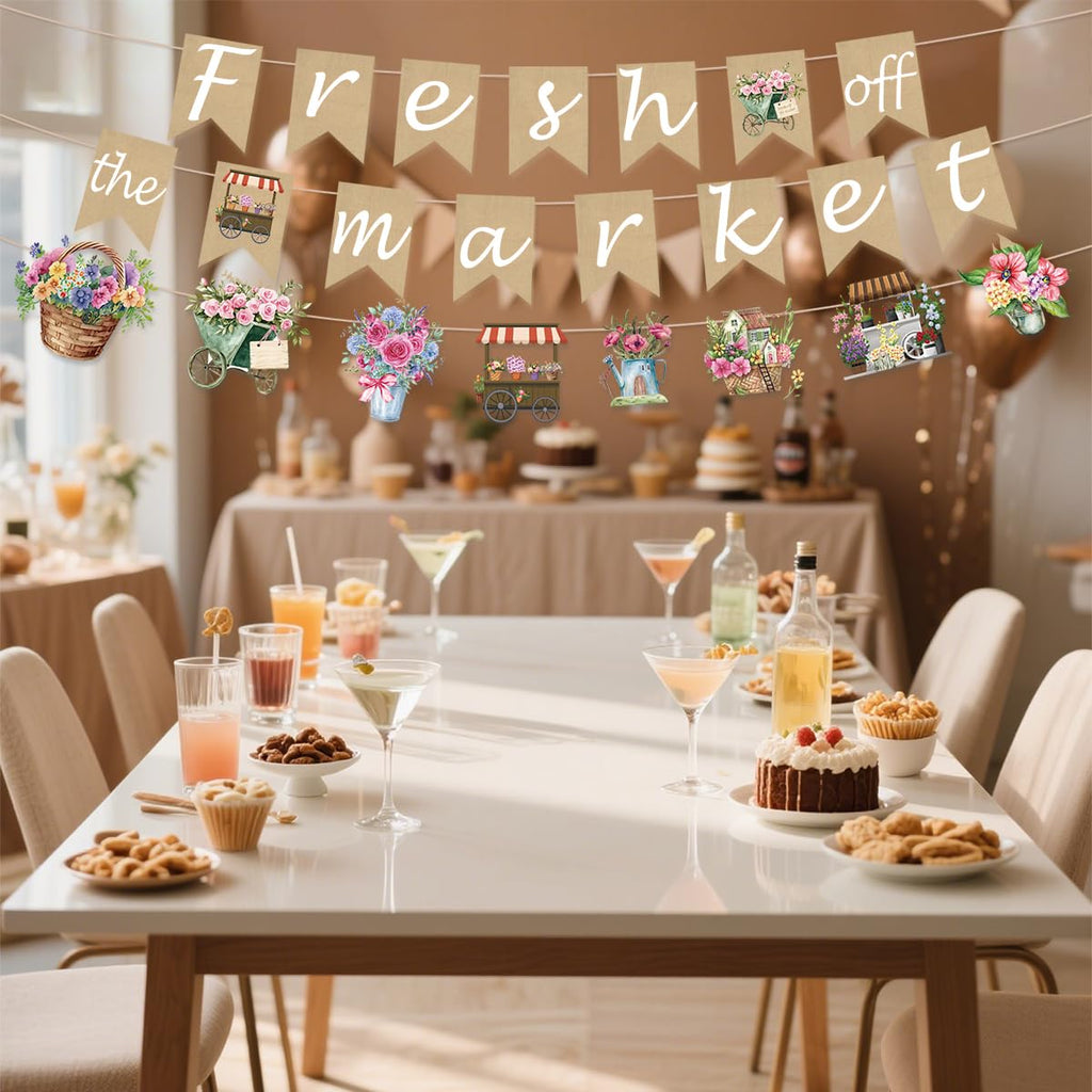 EUOYUFO Fresh Off The Market Burlap Banners – Bridal Shower Decor
