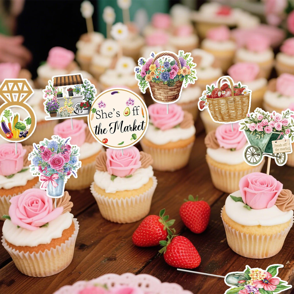 EUOYUFO 36Pcs Fresh Off The Market Bridal Shower Cupcake Toppers – Rustic Farmers Market Decor