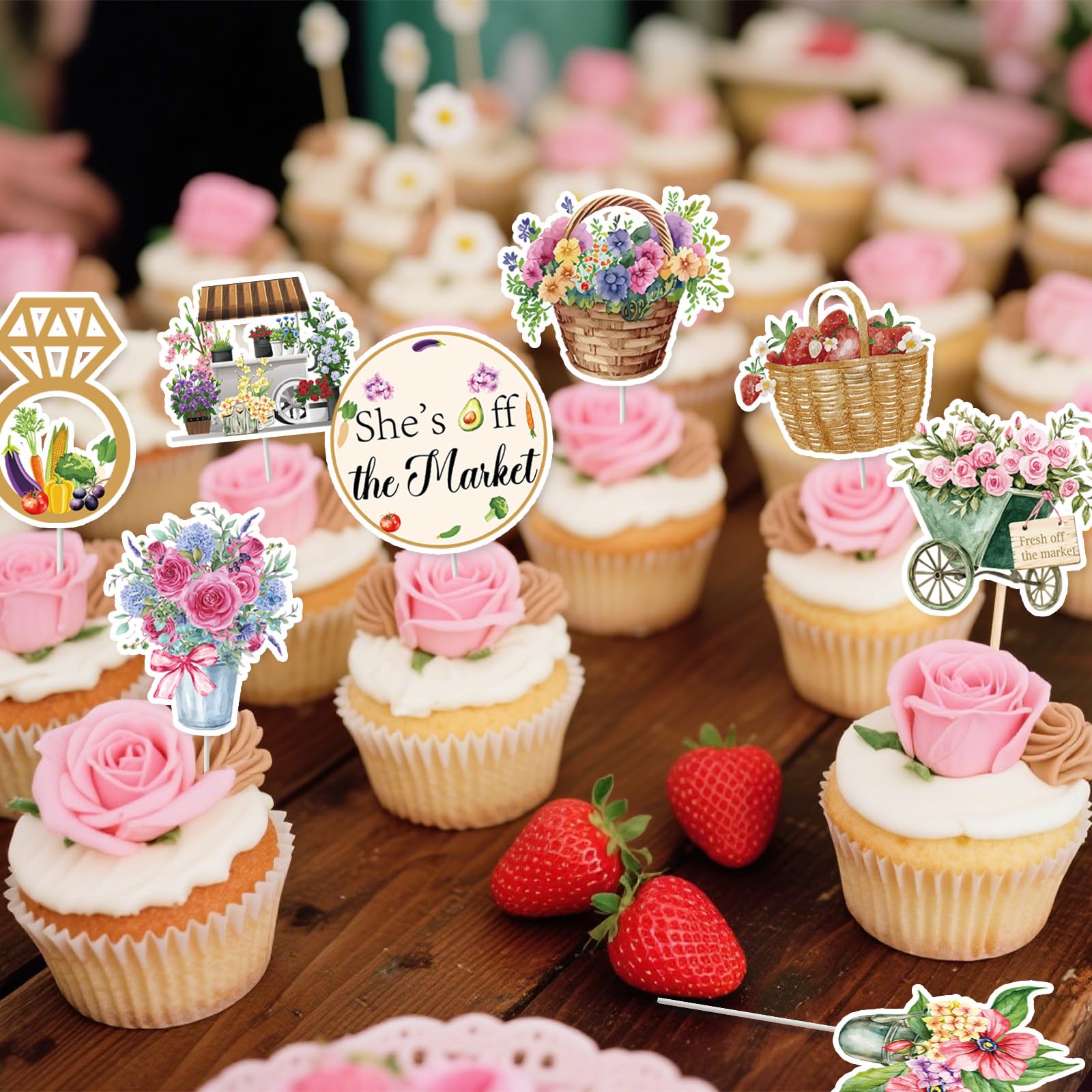 EUOYUFO 36Pcs Fresh Off The Market Bridal Shower Cupcake Toppers – Rustic Farmers Market Decor