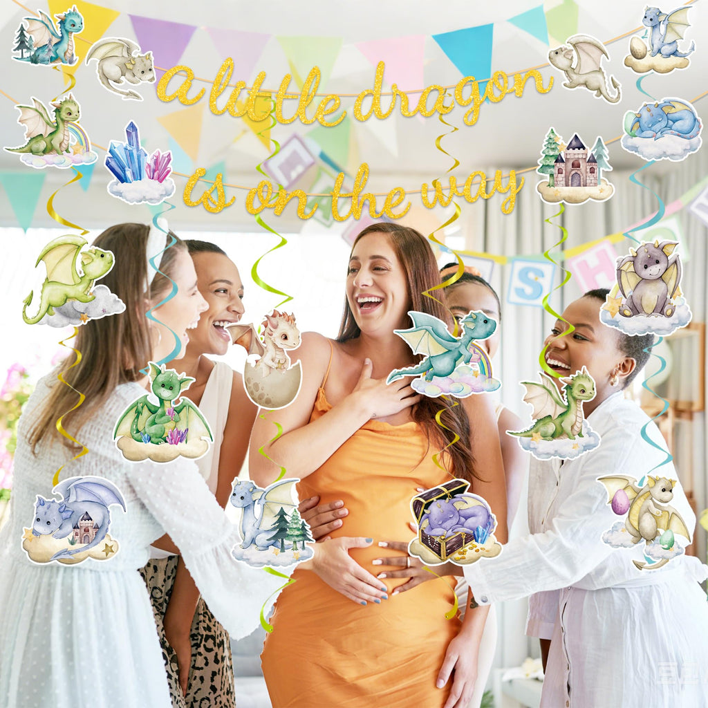 EUOYUFO Dragon Baby Shower Decorations - A Little Dragon is On The Way Banner & Hanging Swirls
