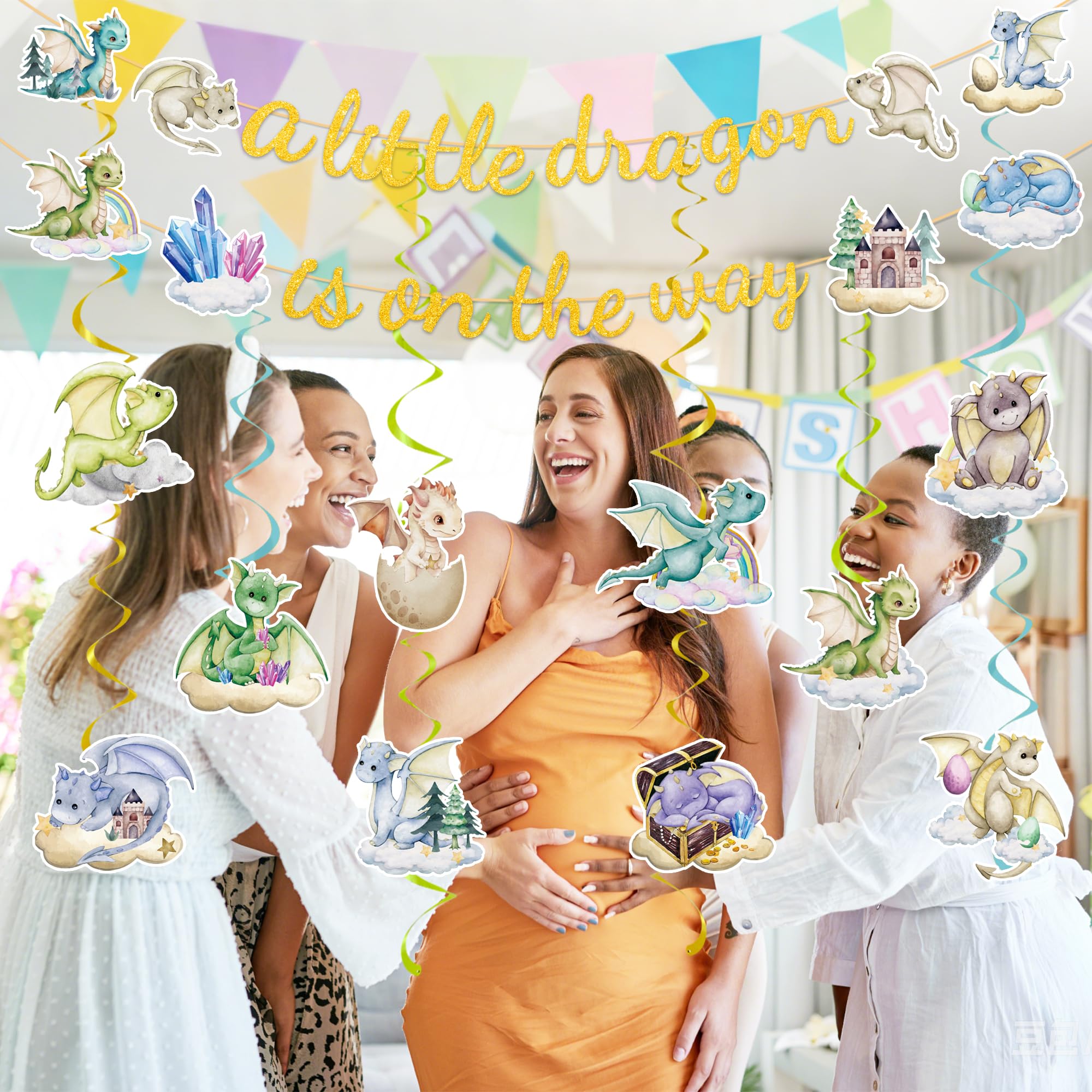 EUOYUFO Dragon Baby Shower Decorations - A Little Dragon is On The Way Banner & Hanging Swirls