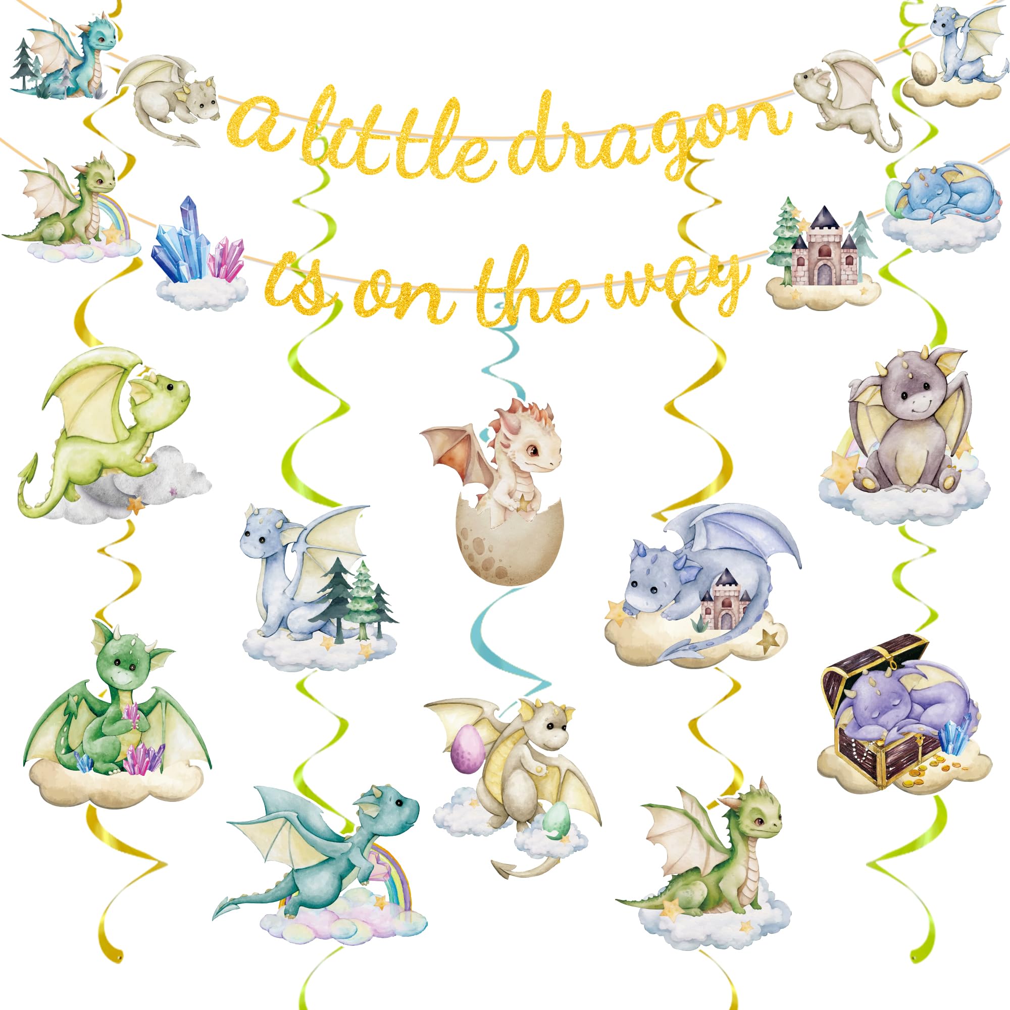 EUOYUFO Dragon Baby Shower Decorations - A Little Dragon is On The Way Banner & Hanging Swirls