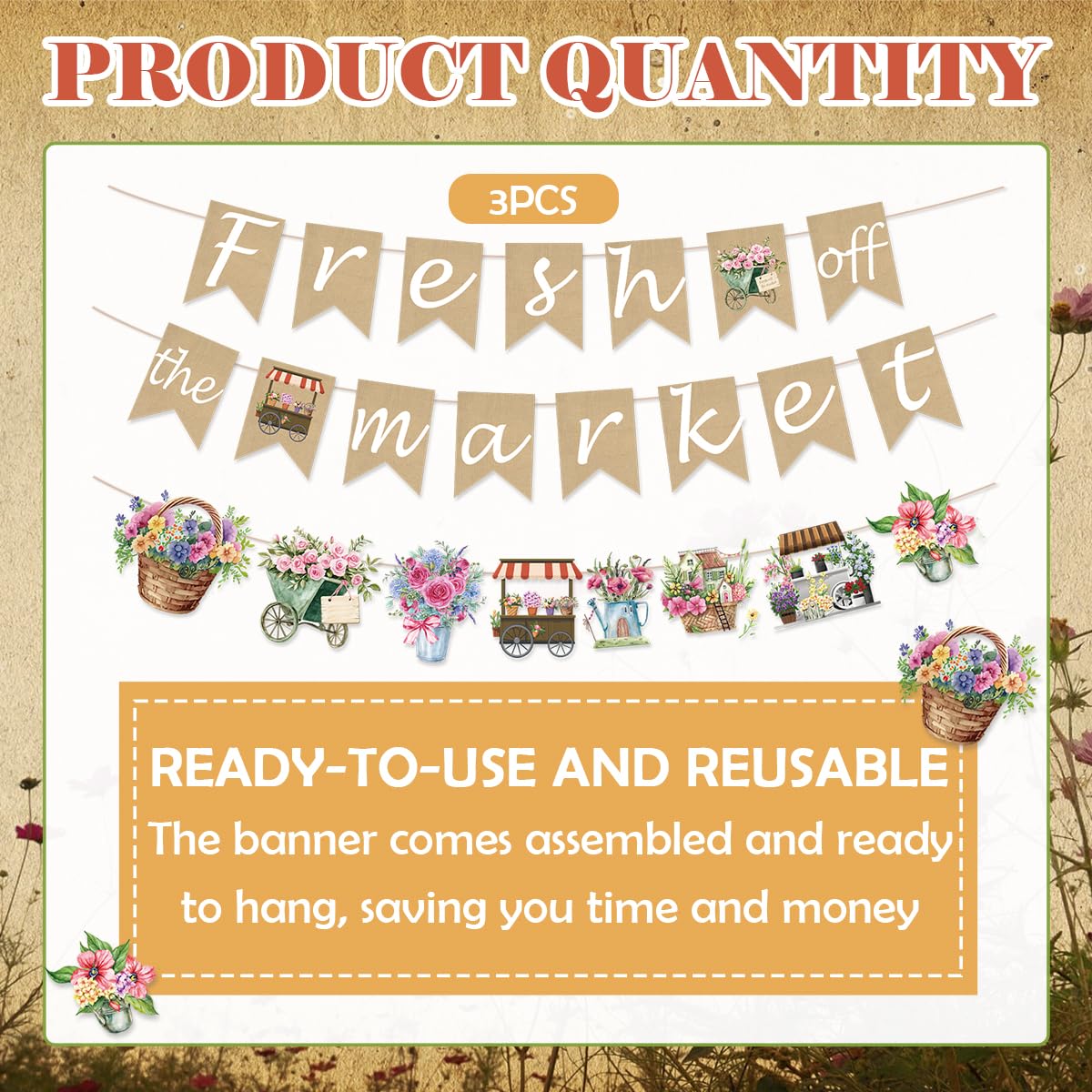 EUOYUFO Fresh Off The Market Burlap Banners – Bridal Shower Decor
