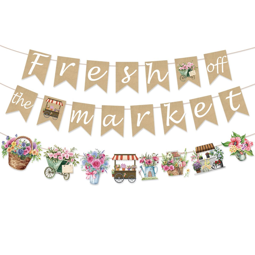 EUOYUFO Fresh Off The Market Burlap Banners – Bridal Shower Decor