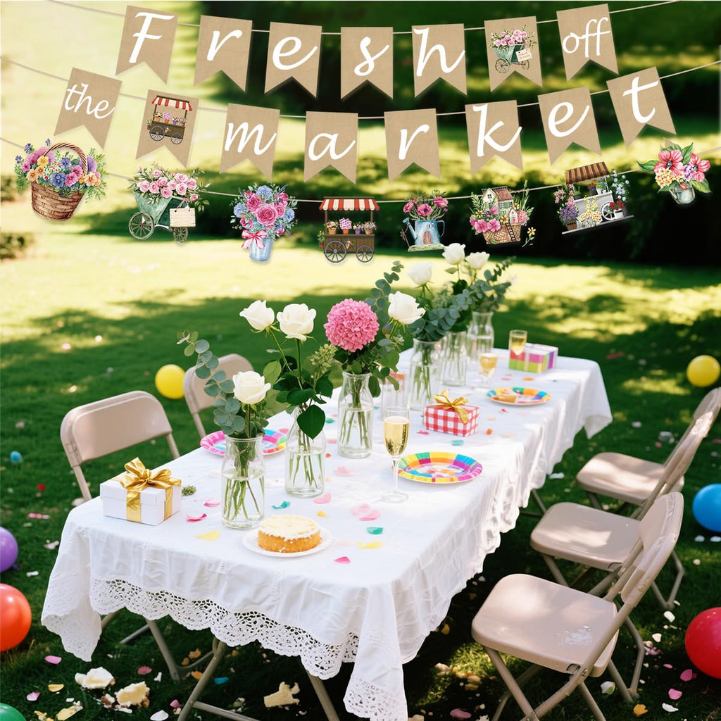 EUOYUFO Fresh Off The Market Burlap Banners – Bridal Shower Decor