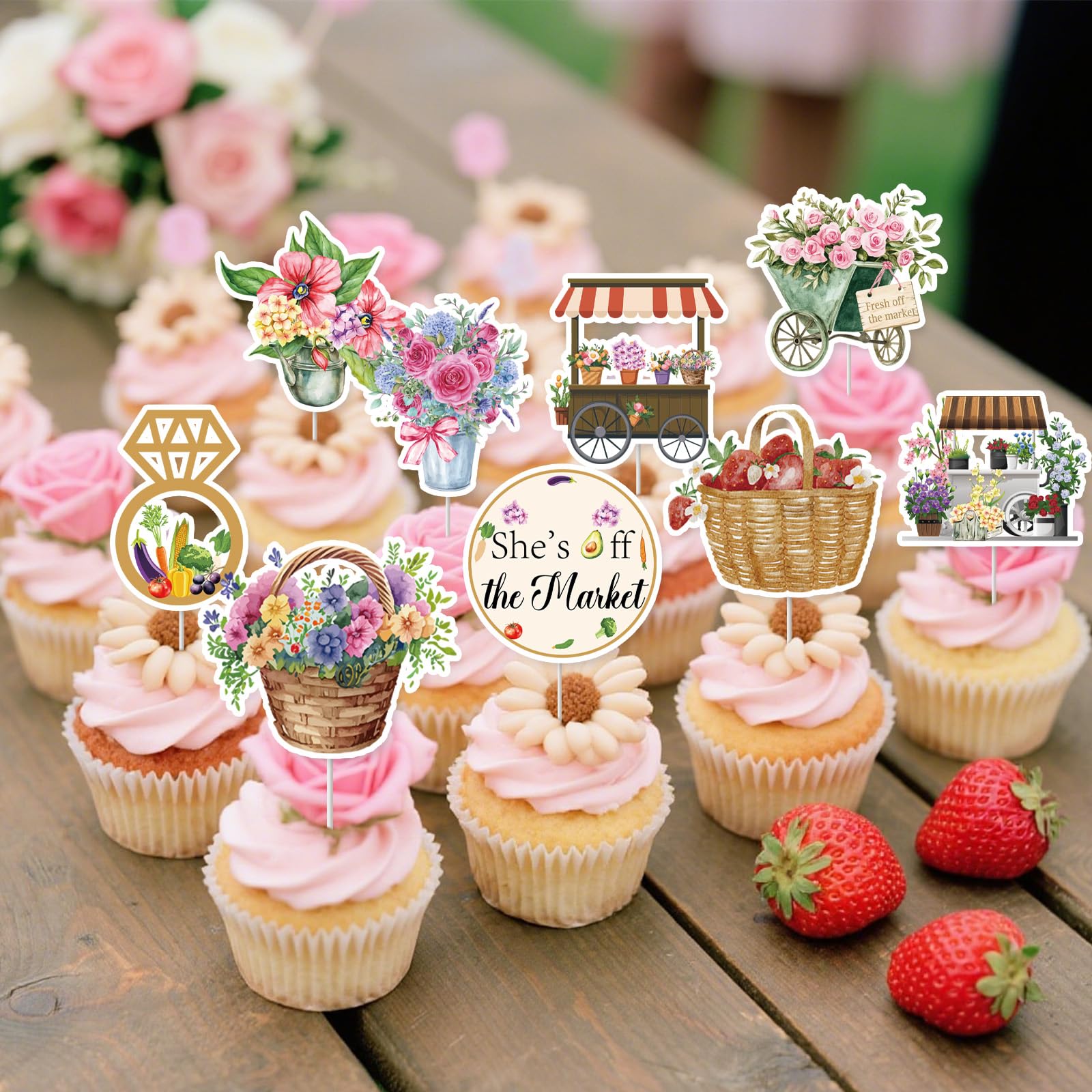 EUOYUFO 36Pcs Fresh Off The Market Bridal Shower Cupcake Toppers – Rustic Farmers Market Decor