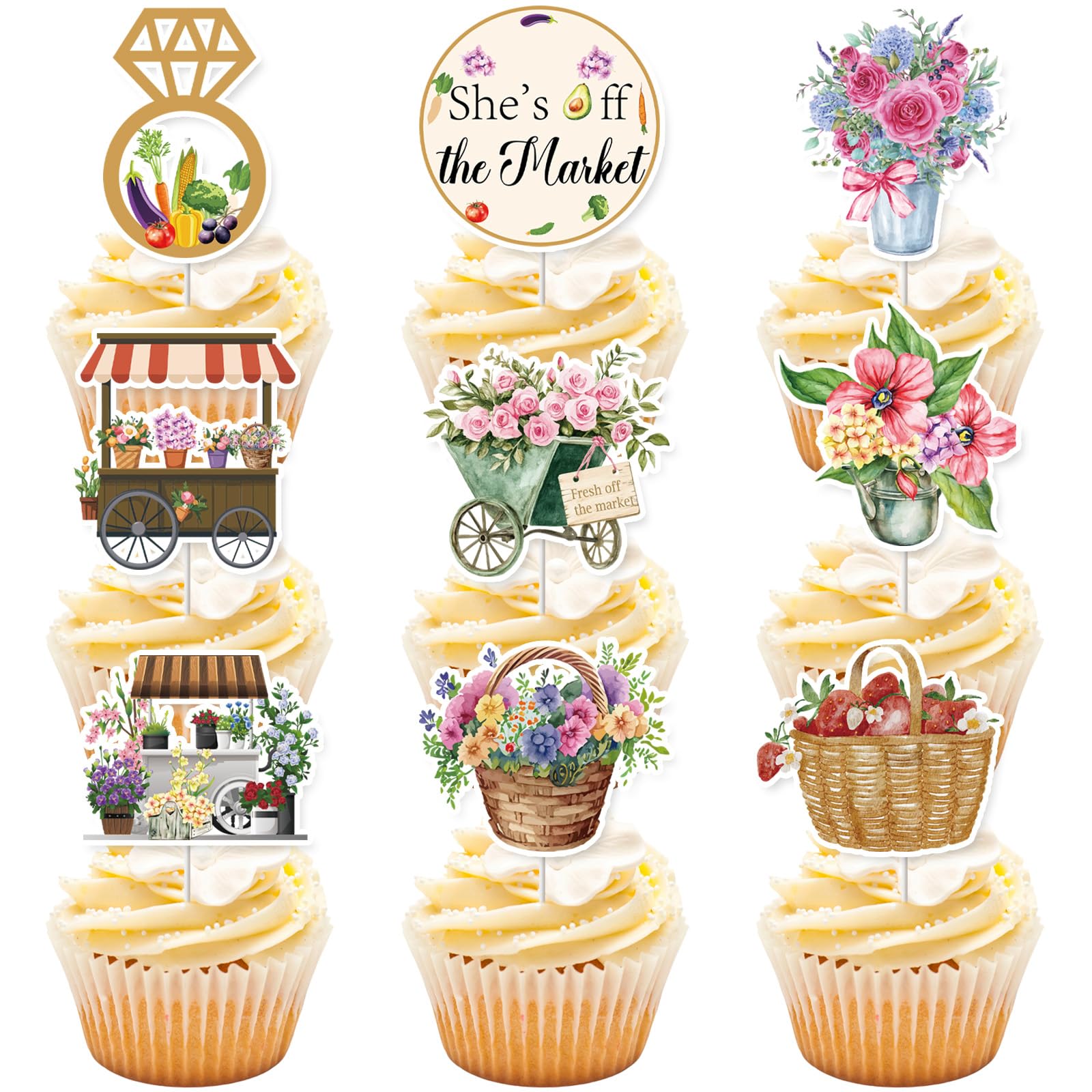 EUOYUFO 36Pcs Fresh Off The Market Bridal Shower Cupcake Toppers – Rustic Farmers Market Decor