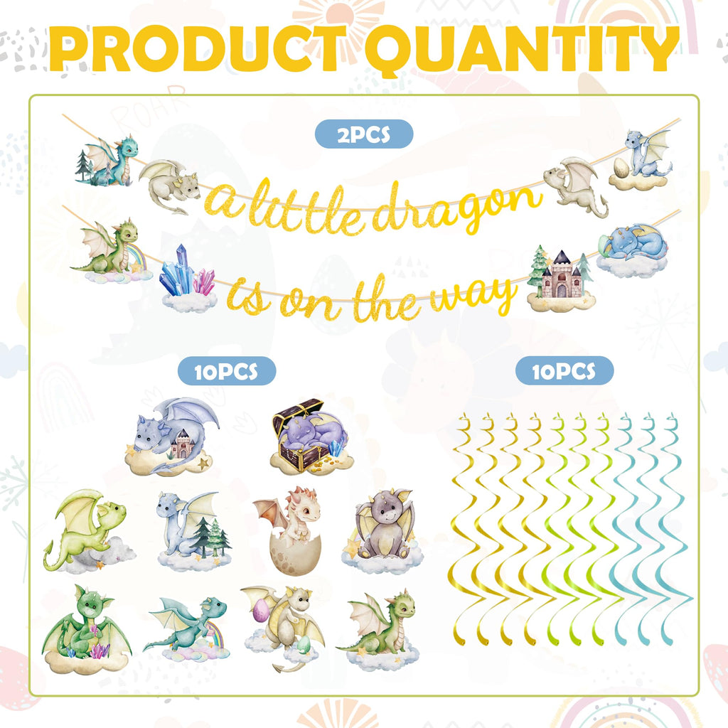 EUOYUFO Dragon Baby Shower Decorations - A Little Dragon is On The Way Banner & Hanging Swirls