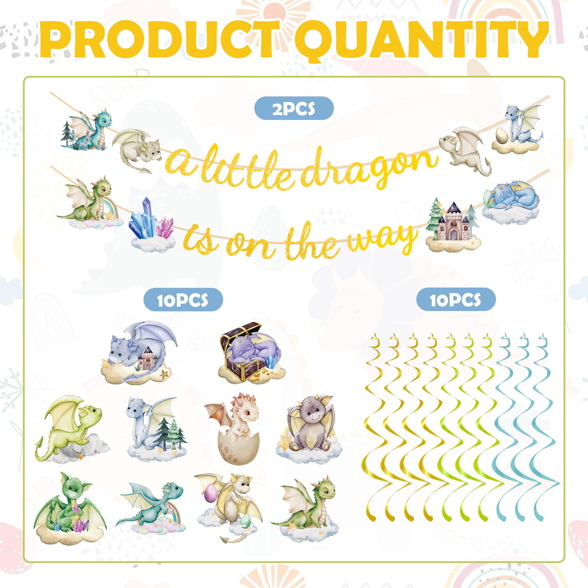 EUOYUFO Dragon Baby Shower Decorations - A Little Dragon is On The Way Banner & Hanging Swirls