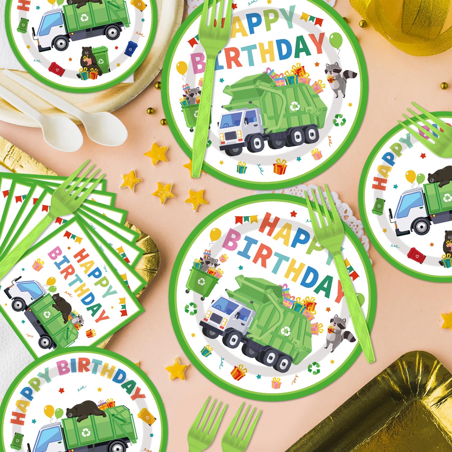 EUOYUFO 96Pcs Trash Truck Party Set — Plates, Napkins & Forks for 24 Guests