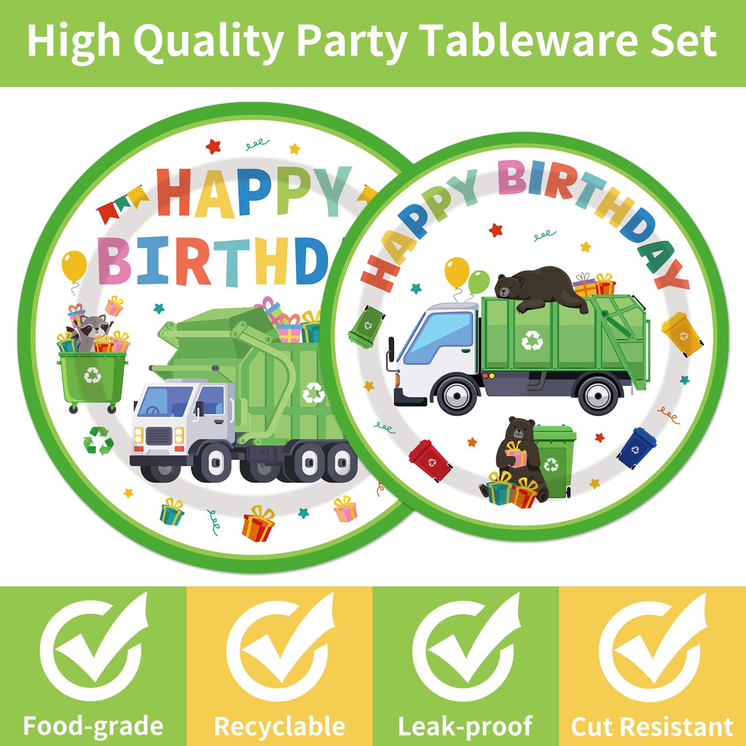 EUOYUFO 96Pcs Trash Truck Party Set — Plates, Napkins & Forks for 24 Guests