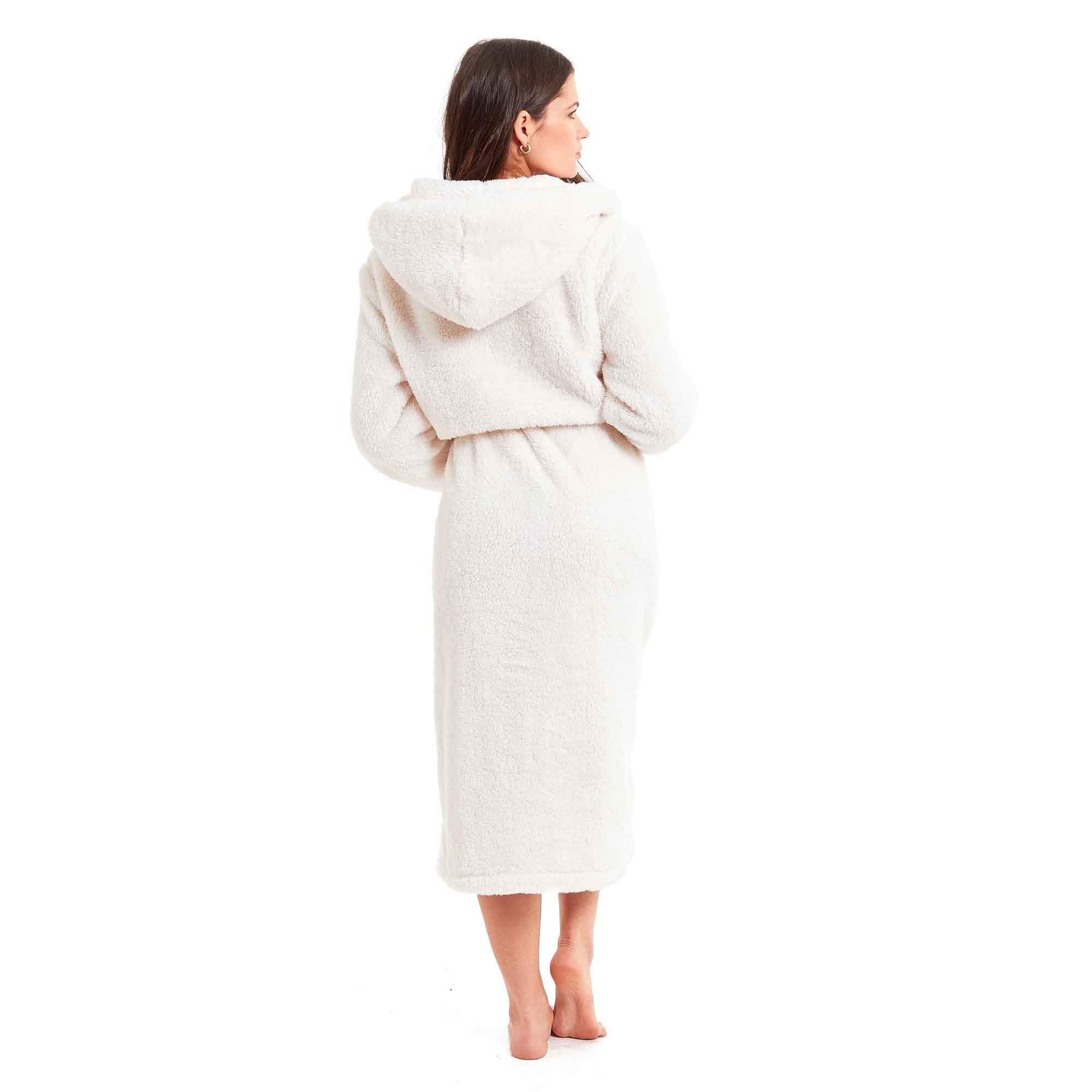 Daisy Dreamer Women's Cream Fleece Touch Hooded Robe Dressing Gown Ultra Soft Loungewear