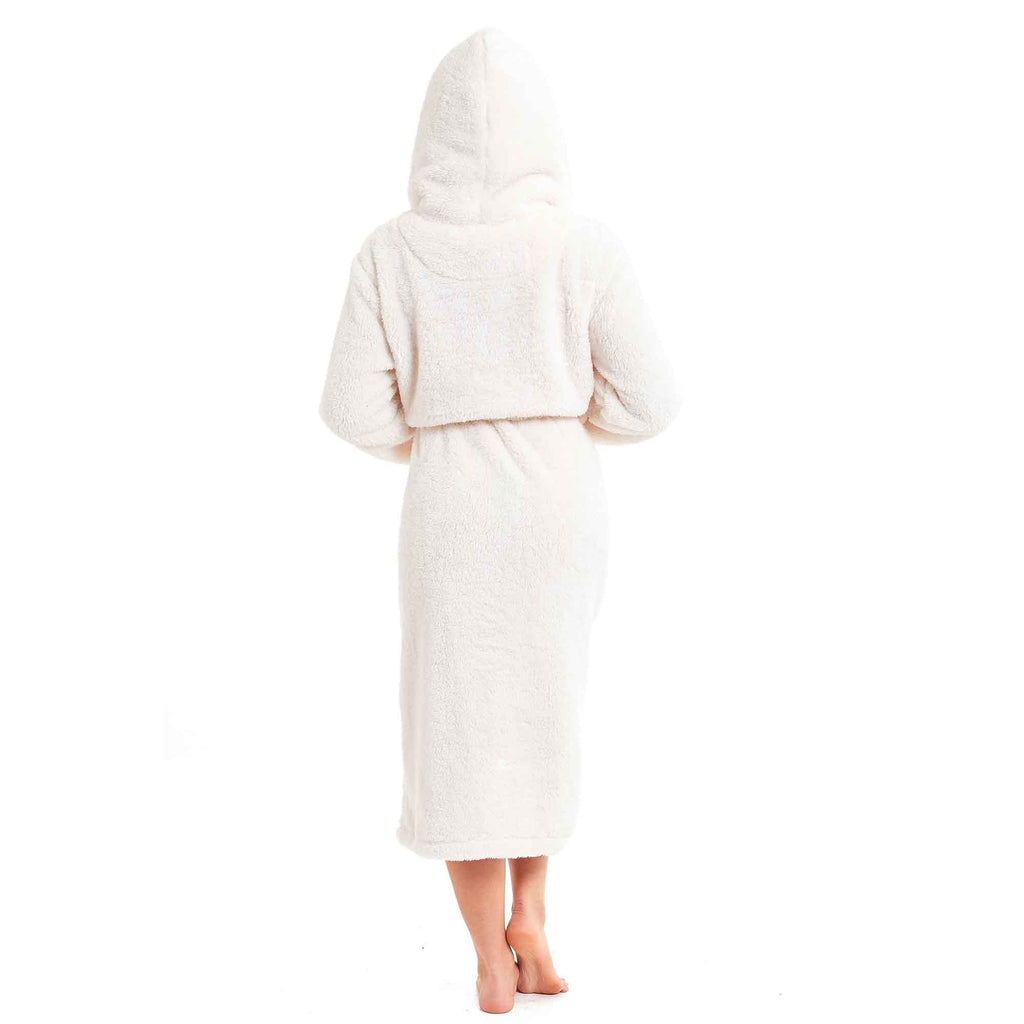 Daisy Dreamer Women's Cream Fleece Touch Hooded Robe Dressing Gown Ultra Soft Loungewear