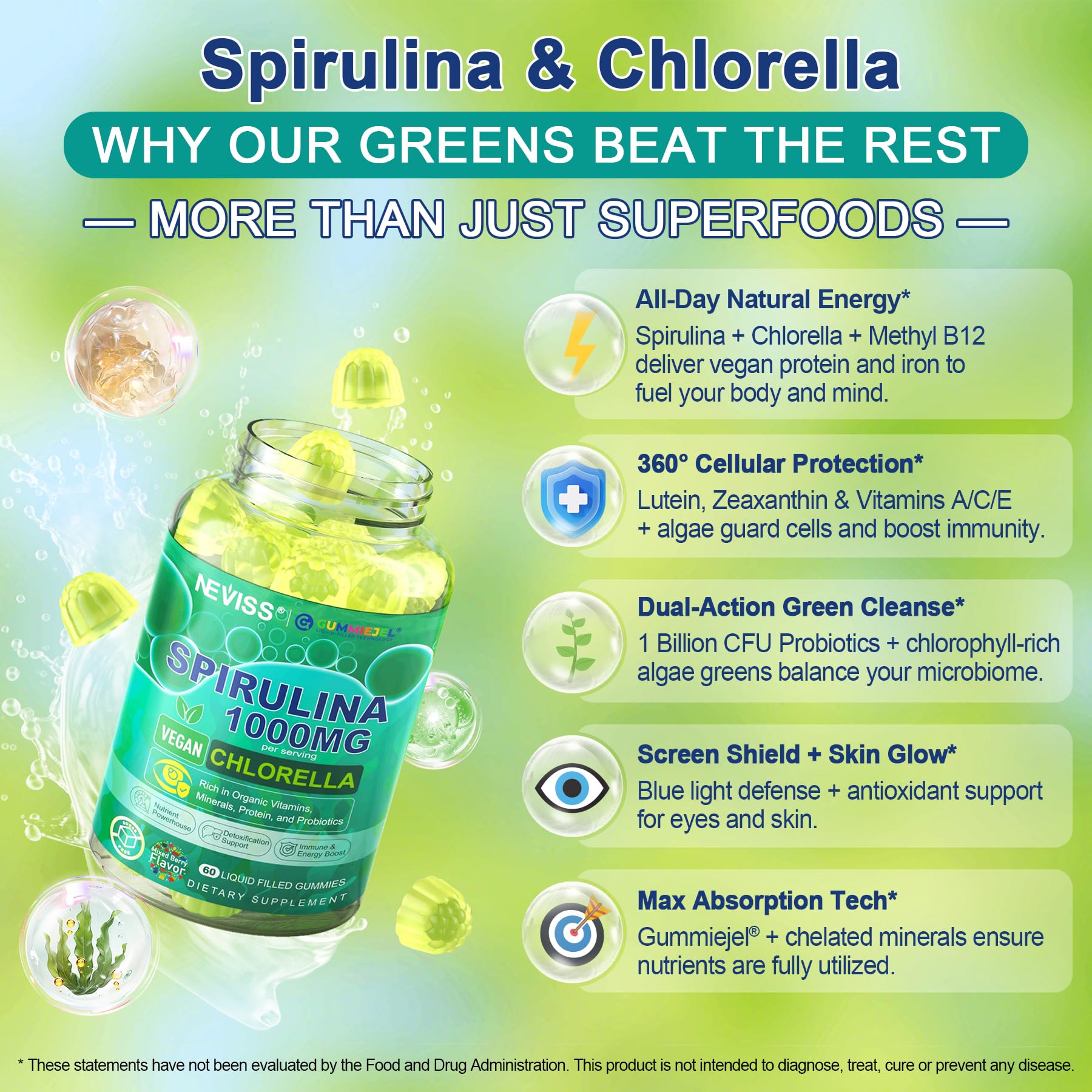 Bio Spirulina & Chlorella Gummis – Probiotikum & Super Greens Nahrungsergänzungsmittel, 60 Stück