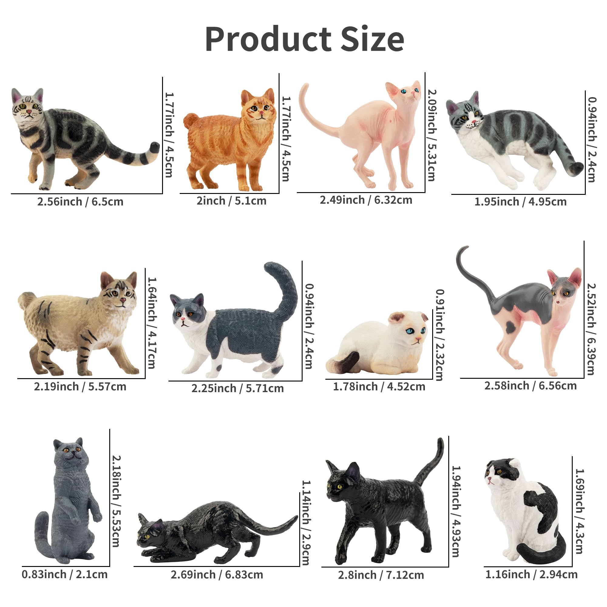 EYSCOTA 12PCS Cat Figurines - Realistic PVC Cat Toys, Cake Toppers & Kids Gift