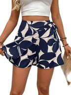 Elegant Short Skirt Pants for Women with Floral Print And Drawstring Elastic Waist.