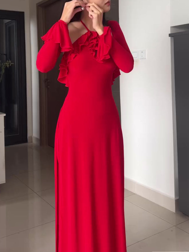 Three-piece Red Ruffled Halterneck Pants Suit