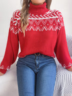 Women Ethnic Style Vintage Jacquard Lantern Sleeve Turtleneck Sweater