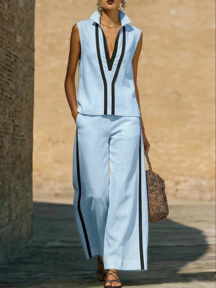 Womens Contrasting-Color Sleeveless Single-Breasted Vest And Drawstring Pants Set