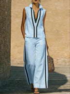 Womens Contrasting-Color Sleeveless Single-Breasted Vest And Drawstring Pants Set