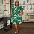 Women's Ruffle-sleeve Lace-up Short Skirt With Pockets And V-neck Plus-size Skirt Set