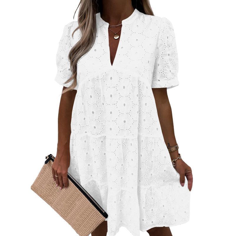 Lace Solid Color V-Neck High-End A-Line Dress