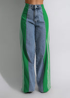 Fashion Casual High Waist Elastic Straight Leg Trousers Three Stripe Patchwork Denim Wide Leg Pants Streetwear