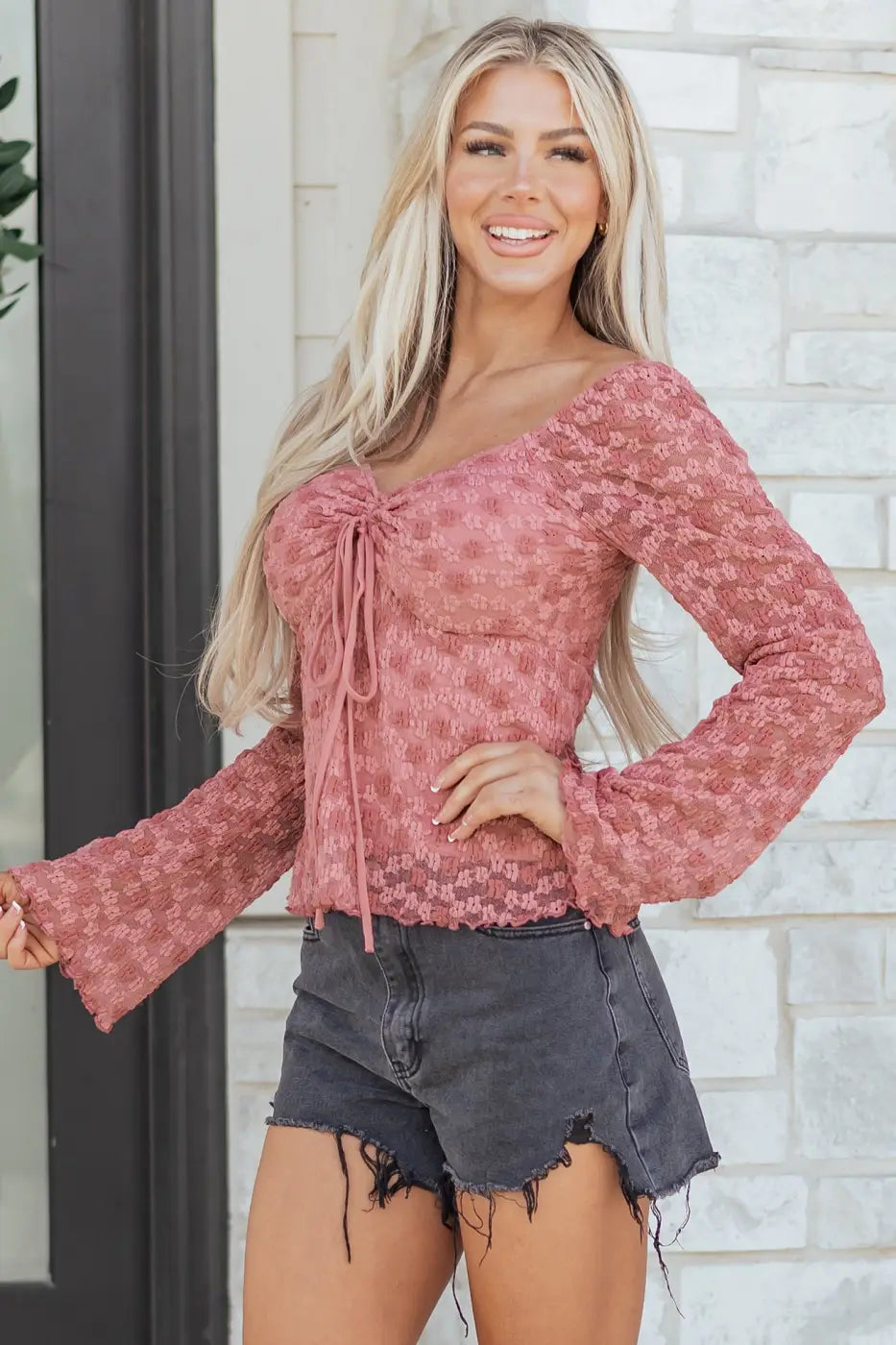 Pink Floral Lace Bell Sleeve Square Neck Blouse Women UK