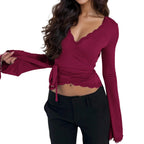 Rare-design Wine-red Lace V-neck Belted Waist Flared-sleeve Short Top
