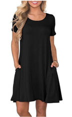 New Women's Round-neck Solid-color Casual Short-sleeve Swing Dress With Pockets