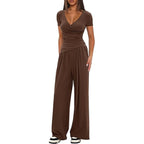 2 Pieces Women's V Neck Short-sleeve Sportswear Top And Wide-leg Pants Set Casual Comfortable Outfit Set For Daily Wear Gym Sports Outfit