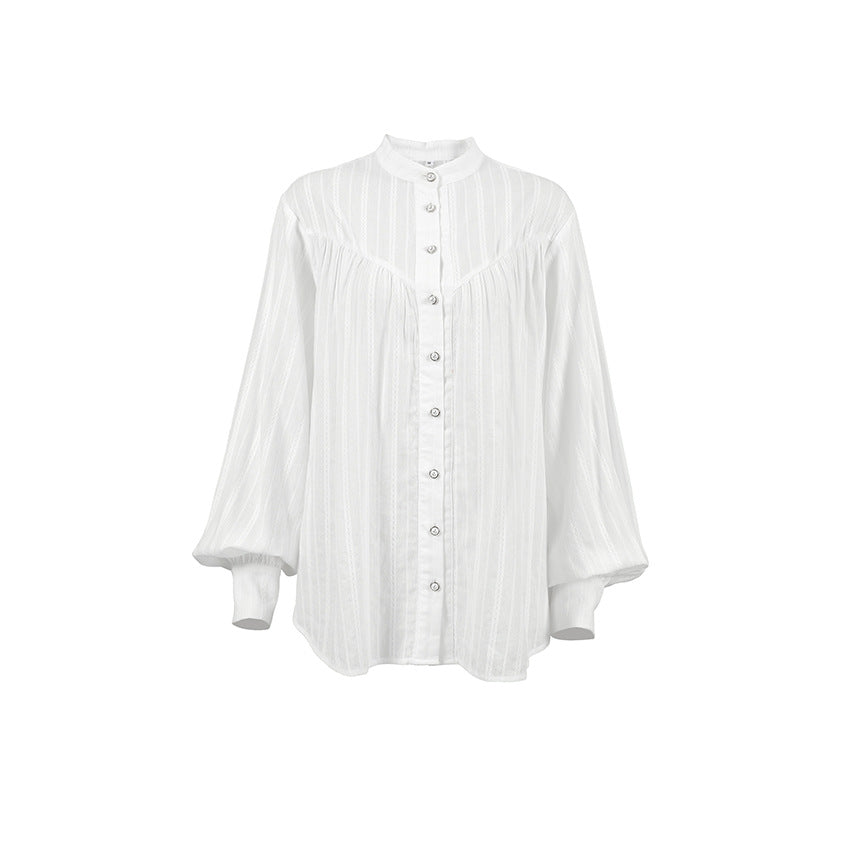 Simple Jacquard Top With A Stand-up Collar And Slightly Puffed Sleeves