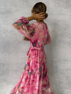 Long-sleeved Floral Print Dress Elegant V-neck Pleated High-waisted Big Swing Chiffon Maxi Dresses For Women Clothing