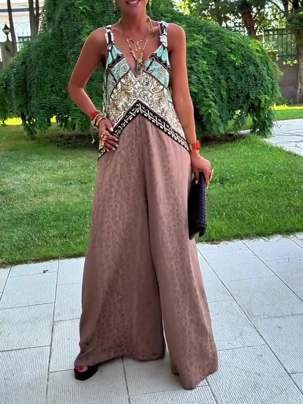 Ethnic Print Paneled Sleeveless Wide-Leg Jumpsuit