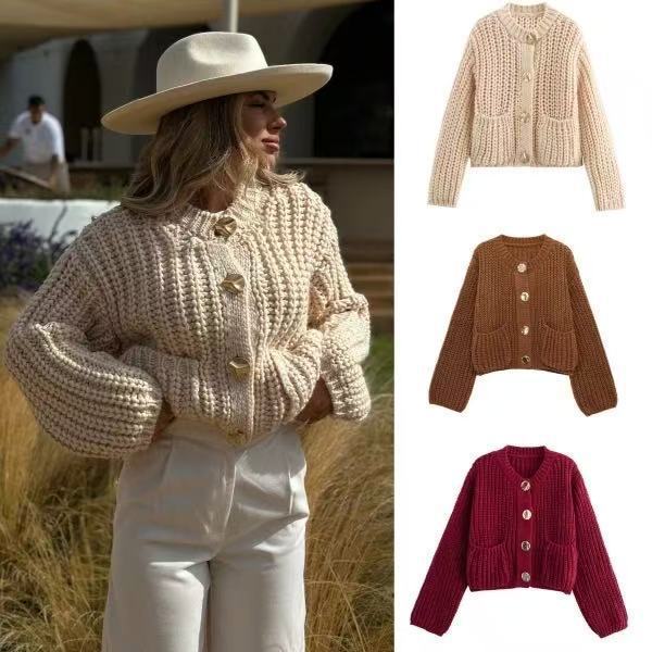 Pocket-button Knitted Women's Round-neck Ingot Sweater Coat
