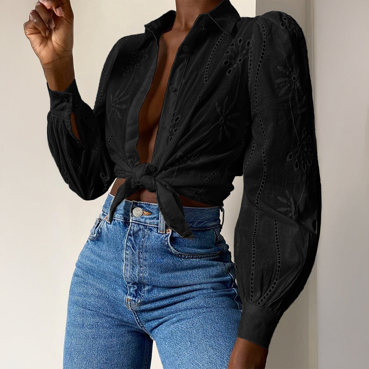Casual Resort Fashion Hollow-out Long-sleeve Cardigan Blouse
