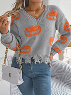 Women Color Block Pumpkin Distressed Long Sleeve Pullover Sweater
