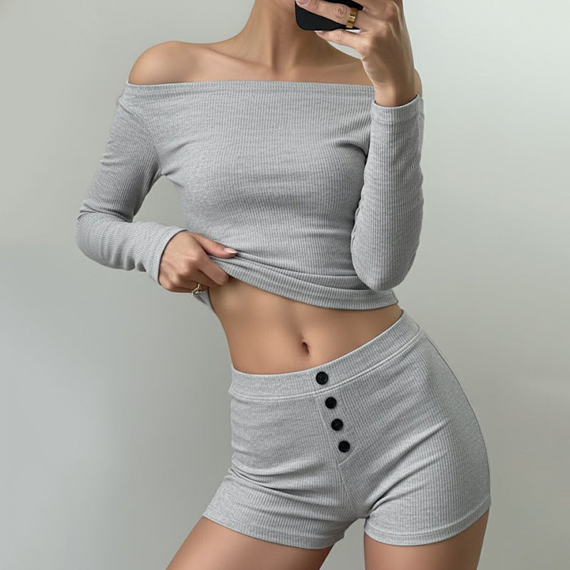 Women's Casual Long-sleeve Top Low-rise Button-front Hip-hugging Hot Pants