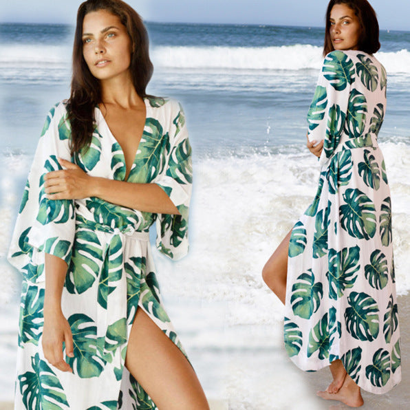 European And American-style Printed Beach Cover-up Sexy Plus-size Vacation Sun-protective Top And Long Skirt